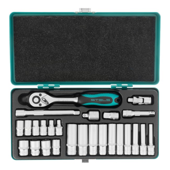 Набор торцевых головок с трещоткой 1/4" 26 предметов Stels Набор торцевых головок с трещоткой 1/4" 26 предметов Stels