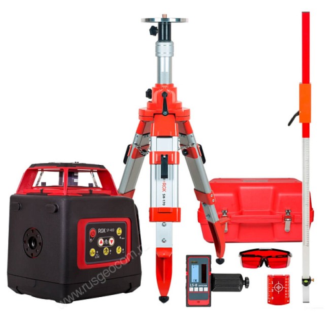 Комплект: ротационный нивелир RGK SP-400 + штатив RGK SH-170, рейка RGK LR-2 Комплект: ротационный нивелир RGK SP-400 + штатив RGK SH-170, рейка RGK LR-2